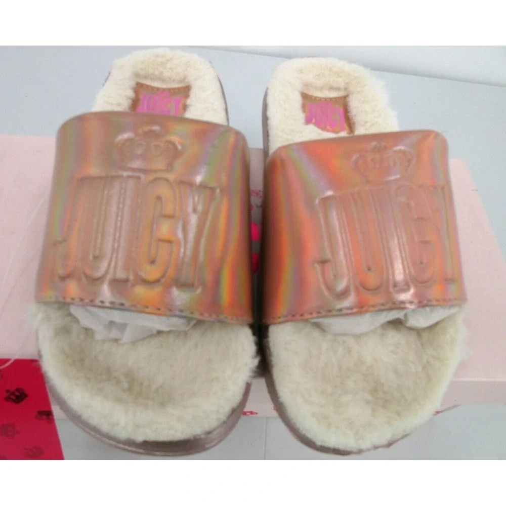 JUICY BY JUICY COUTURE TARZANA ROSE GOLD FUR LINED SLIDES Girl's Sz 1 NEW IN BOX